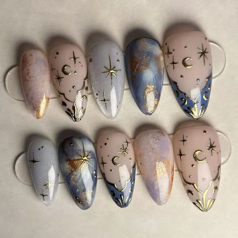 Nail Art Gliter - 24枚入りショートアーモンドネイルセット、フルカバースタームーンウェーブフレンチグリッタープレスオンネイル、ジェリー接着剤付き取り外し可能ネイルアート