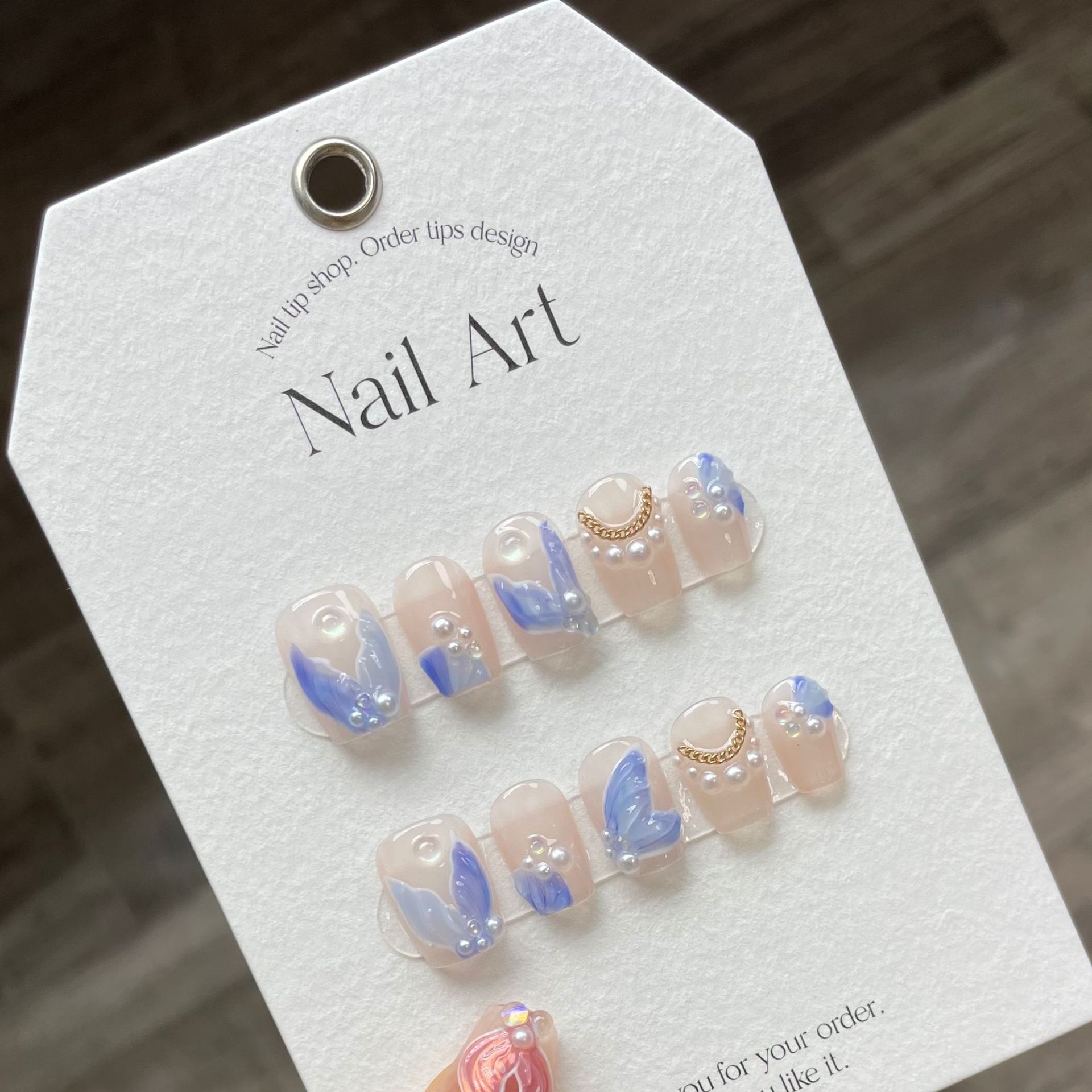 Nail Art Cat Eye - 10個入り フランス製 ハンドメイド パールキャッツアイフィッシュテール柄 つけ爪 ショートスクエア