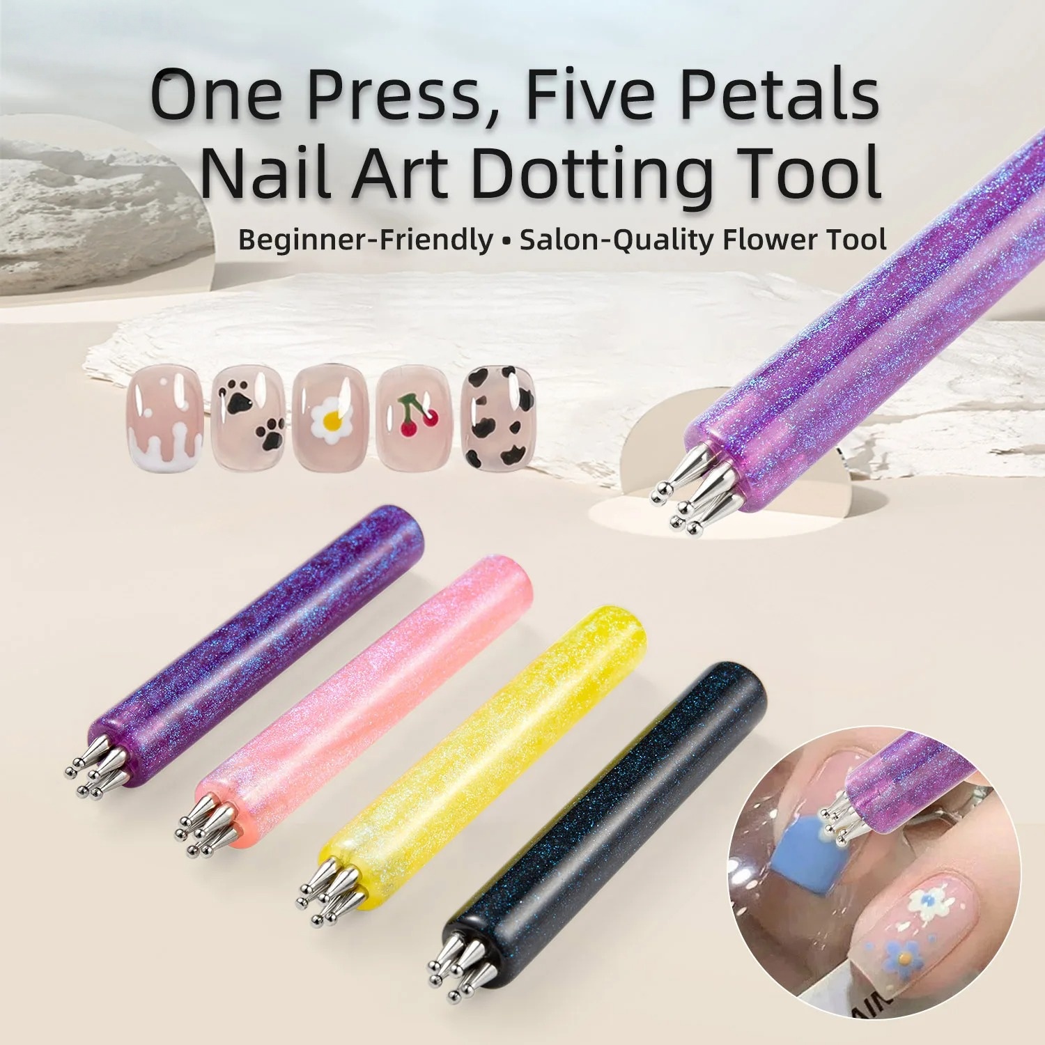 Nail Art One Stroke - 1本入りネイルアートペン、フラワーチップ付き、ワンストローク5枚花びらフラワー、水玉模様、ステンレスブラシチップ、グリッターネイルドットペンツール