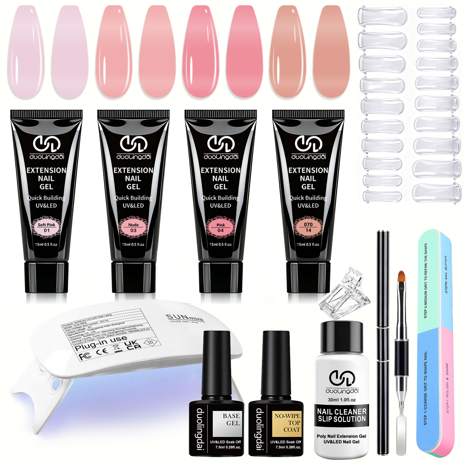 Polygel Nail Kit - Duolingdai 4色ポリネイルエクステンションジェル+8個ツールセット、クリアピンク-ホワイトブラウン、ミニネイルライトと必須のUV/LEDライト付き