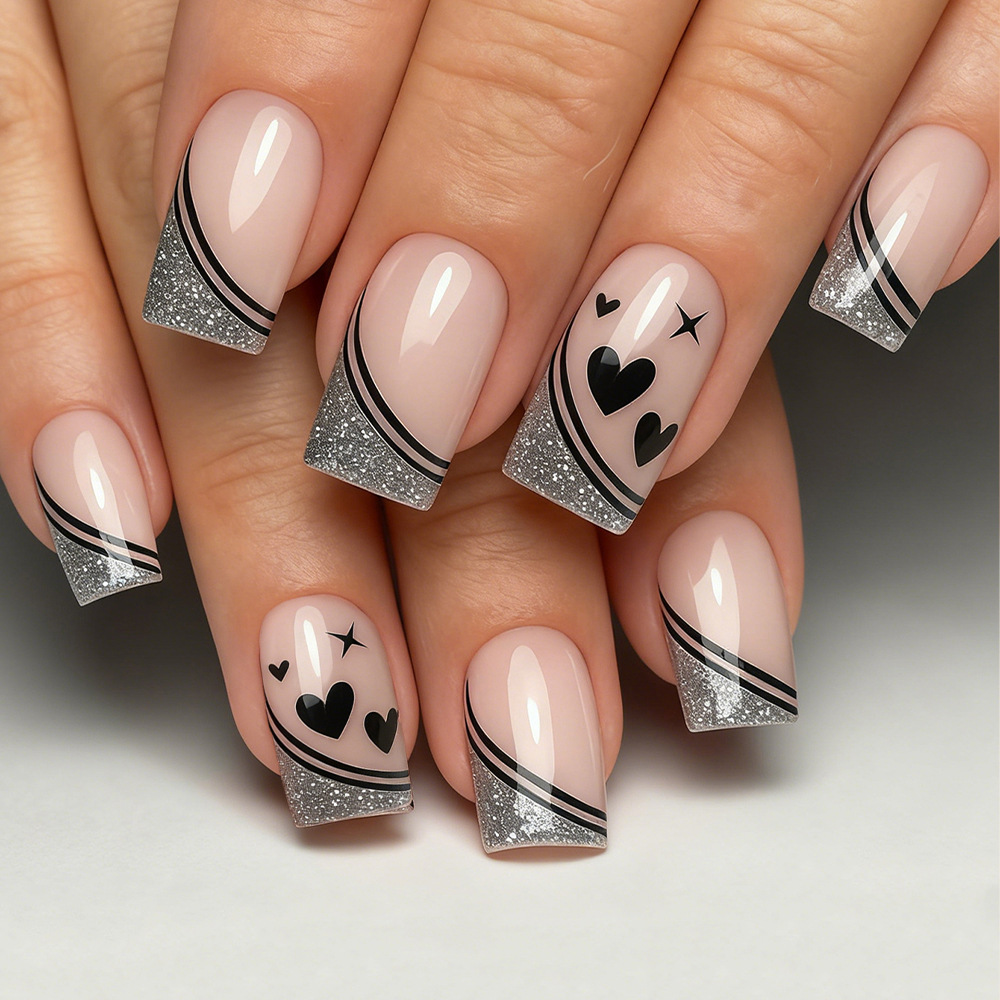 Nail Art Gliter - バレンタインデー用のキュートなハートと星のデザインの、女性と女の子向けの短いスクエア型の付け爪、シルバーグリッターフレンチネイルチップ、プレスオンネイル