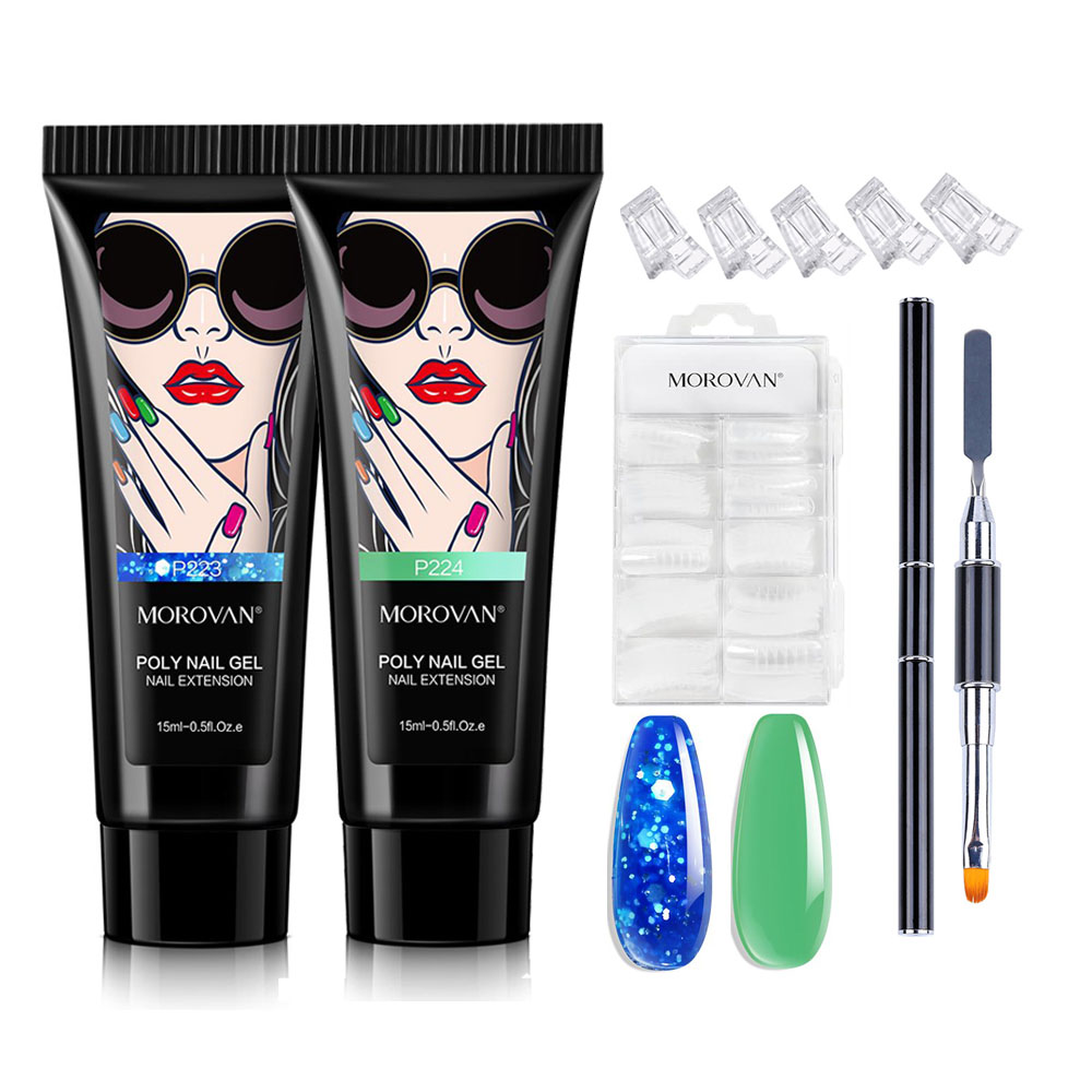Polygel Nail Kit - ポリゲルキット,偽のネイルとブラシ,5個のクリップ付きエクステンションジェルキット,15ml, 100個