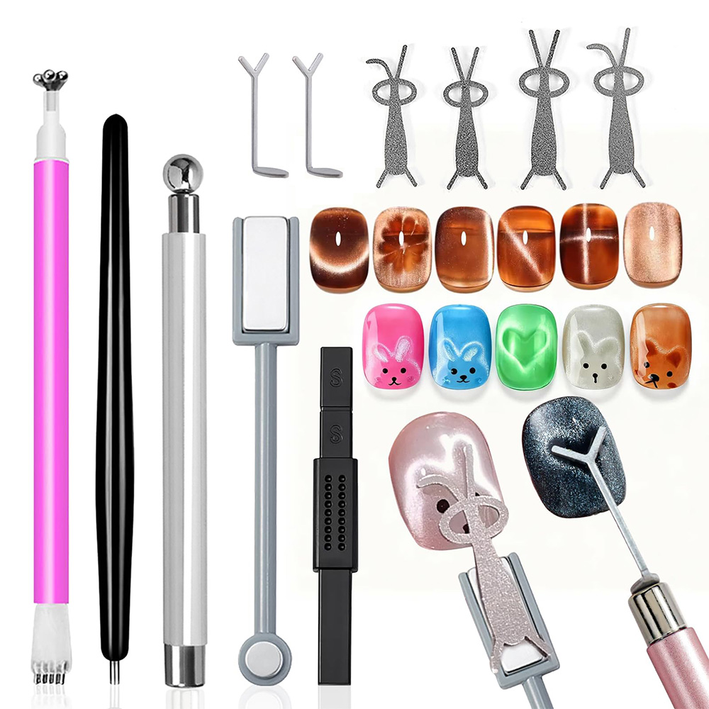 Nail Art Full Color - 11個入りキャットアイネイルアートマグネットセット、両端磁石付きワンドと可愛いウサギのメタルプレート付き、3Dジェルポリッシュ用