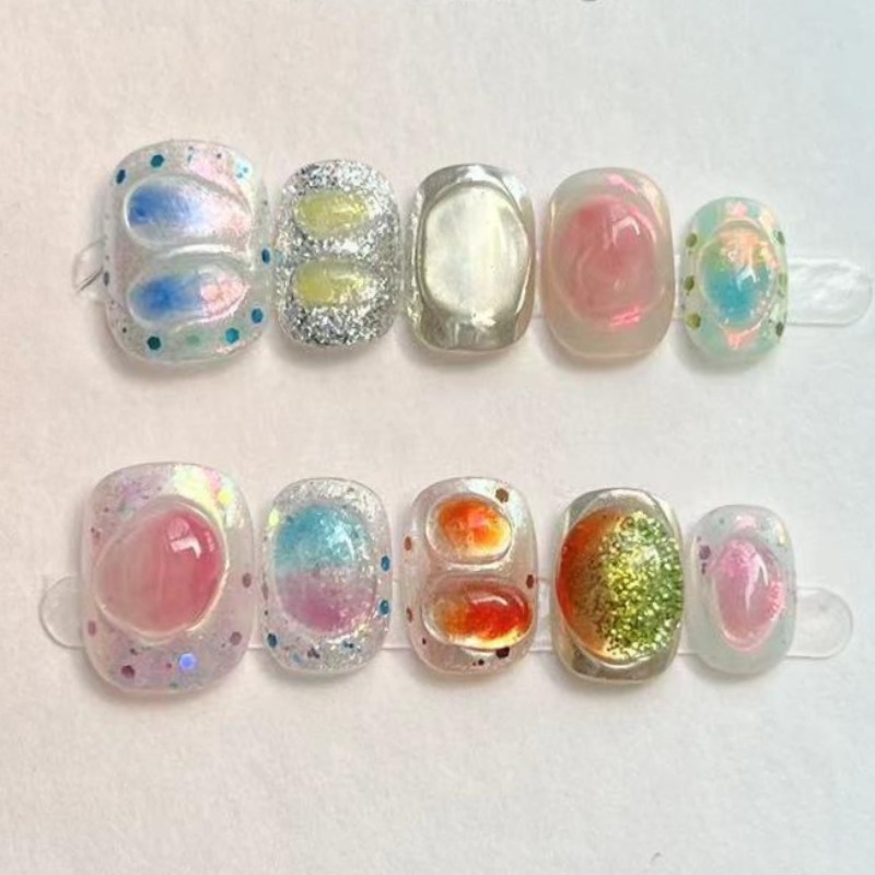 Nail Art Full Color - 10 個かわいいショートラウンド手作りフェイクネイルグリッターカラフルな 3D スイートクールアート完成ネイル女の子のためのウェアラブルフルカバープレスオン