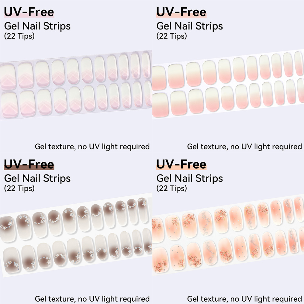 Nail Art Ombre Glitter - UVフリー ジェルネイルシール 22枚入り プレスオンジェルネイルステッカー オンブレグラデーション効果 ヌードピンク