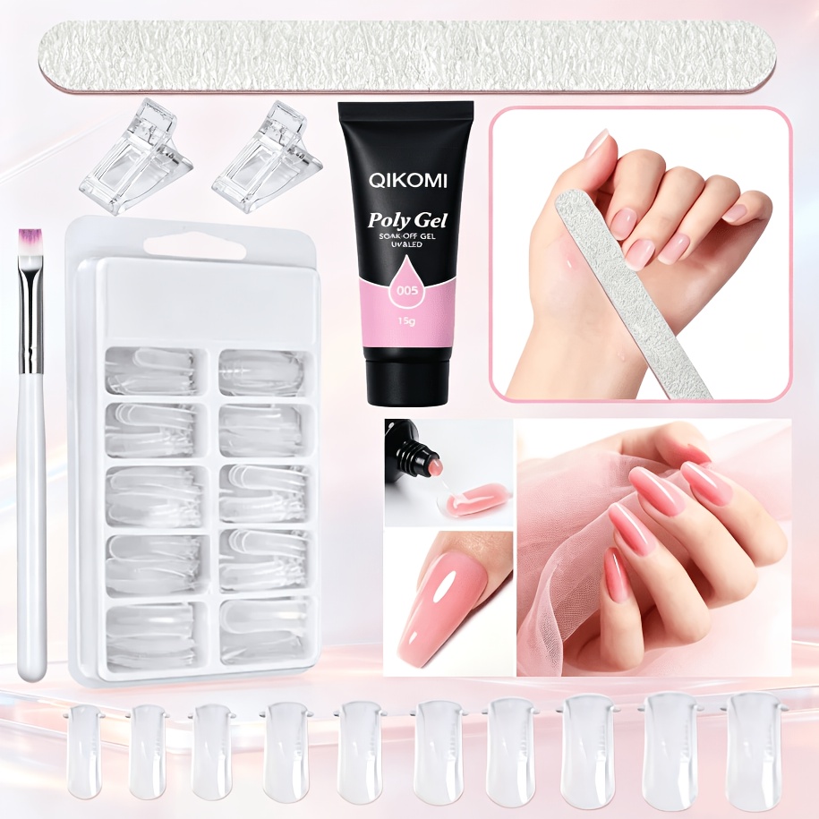 Polygel Nail Kit - QIKOMIポリジェルネイルエクステンションキット、両端ブラシ、クリアネイルチップ、スリップソリューション、ネイルファイル付き、DIYロングネイルエクステンション用