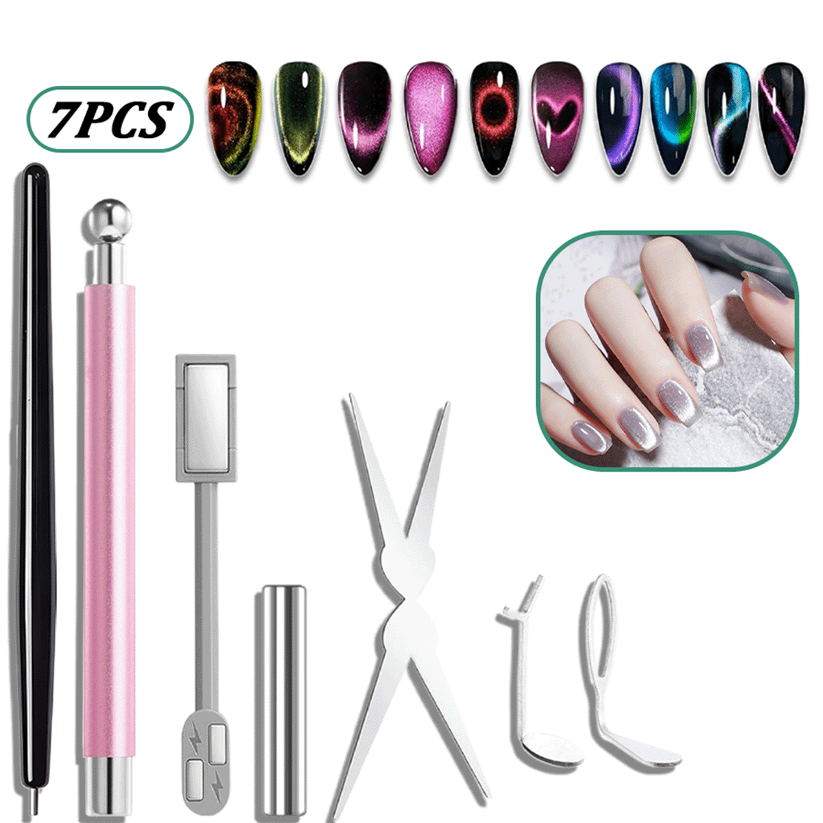 Nail Art Full Color - 7個入りキャットアイネイルマグネットセット、V字型フレンチマグネット付きマグネットネイルアートツールキット、ジェルポリッシュDIYマニキュア用