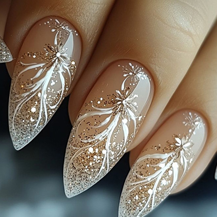 Nail Art Gliter - 24 ピース/セットショートミディアム偽爪女性女の子グラデーション光沢のあるグリッターハートフレンチスクエアアーモンドヒントプレス偽爪