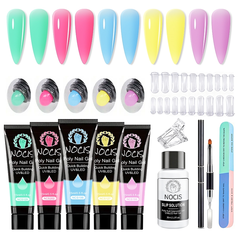 Polygel Nail Kit - NOCISポリネイルジェルキット-5色展開のビルダージェルで長持ちするネイルエクステンション、電気不要、ネイルアートツール付き