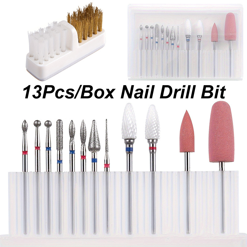 Nail Art Brush Set - 13個入りネイルドリルビットセット 3/32インチ クリーニングブラシ付き プロ用キューティクルビット アクリルジェル マニキュア