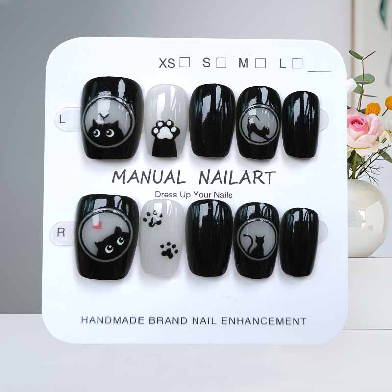 Nail Art Cat Eye - 10枚入り 可愛い漫画 黒猫とピンクの蝶結び ハンドメイド つけ爪 スクエアヘッド