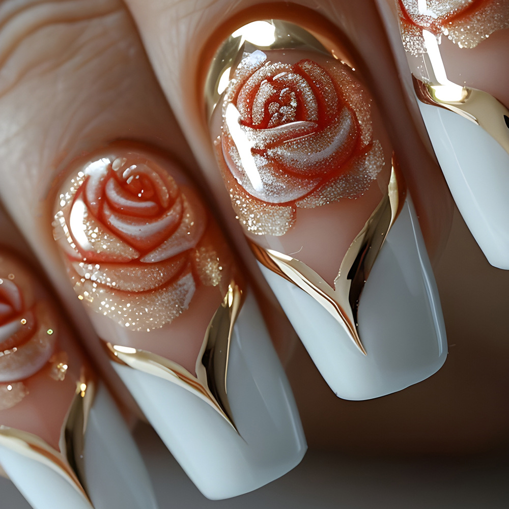 フレンチチップ付きの白い四角い偽の爪,色付きの花,フルカバー - Nail Art Full Color のレビューと価格