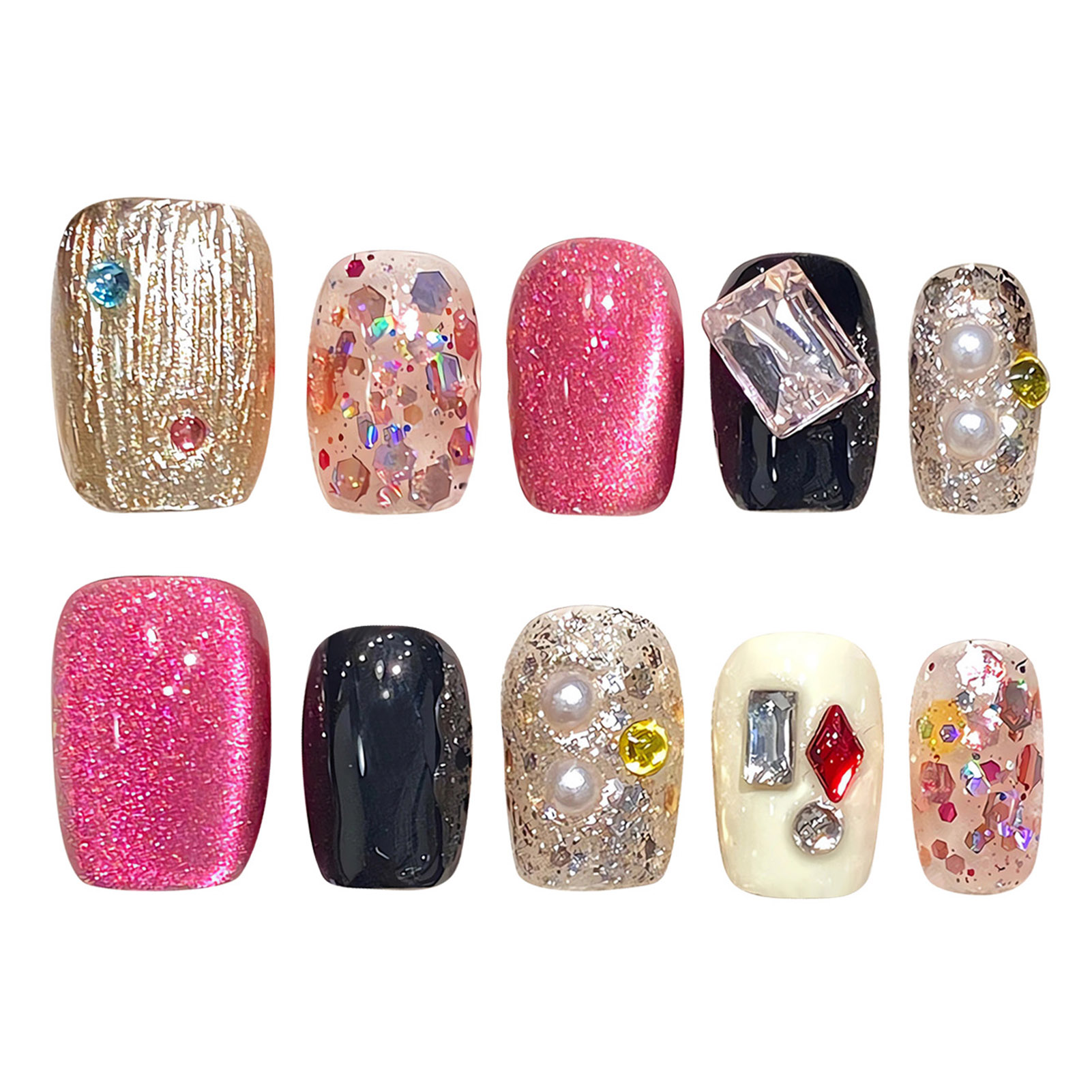手作りのフェイクネイル,ピンクのスパンコール,猫の目,光沢の - Nail Art Cat Eye のレビューと価格