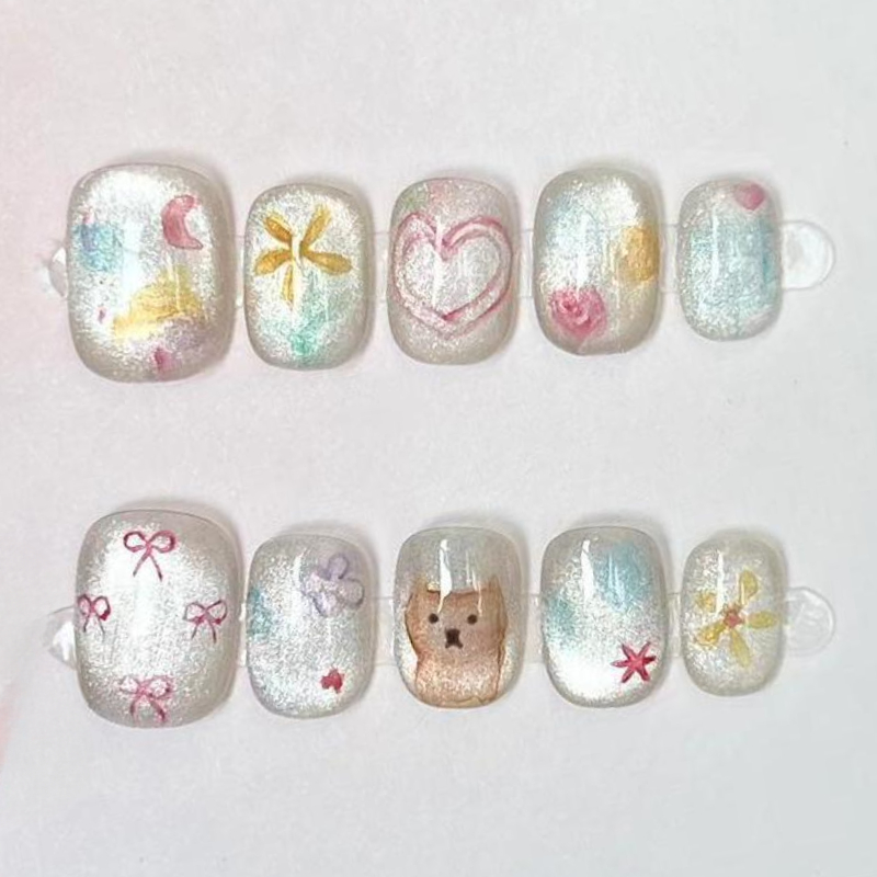 10 個かわいいショートラウンド手作りフェイクネイルグリッタ - Nail Art Full Color のレビューと価格