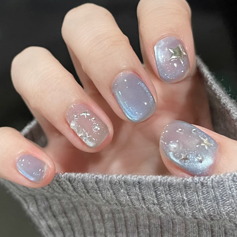 24枚入りショートスクエアプレスオンネイル ブラックブルーオ - Nail Art Ombre Glitter のレビューと価格
