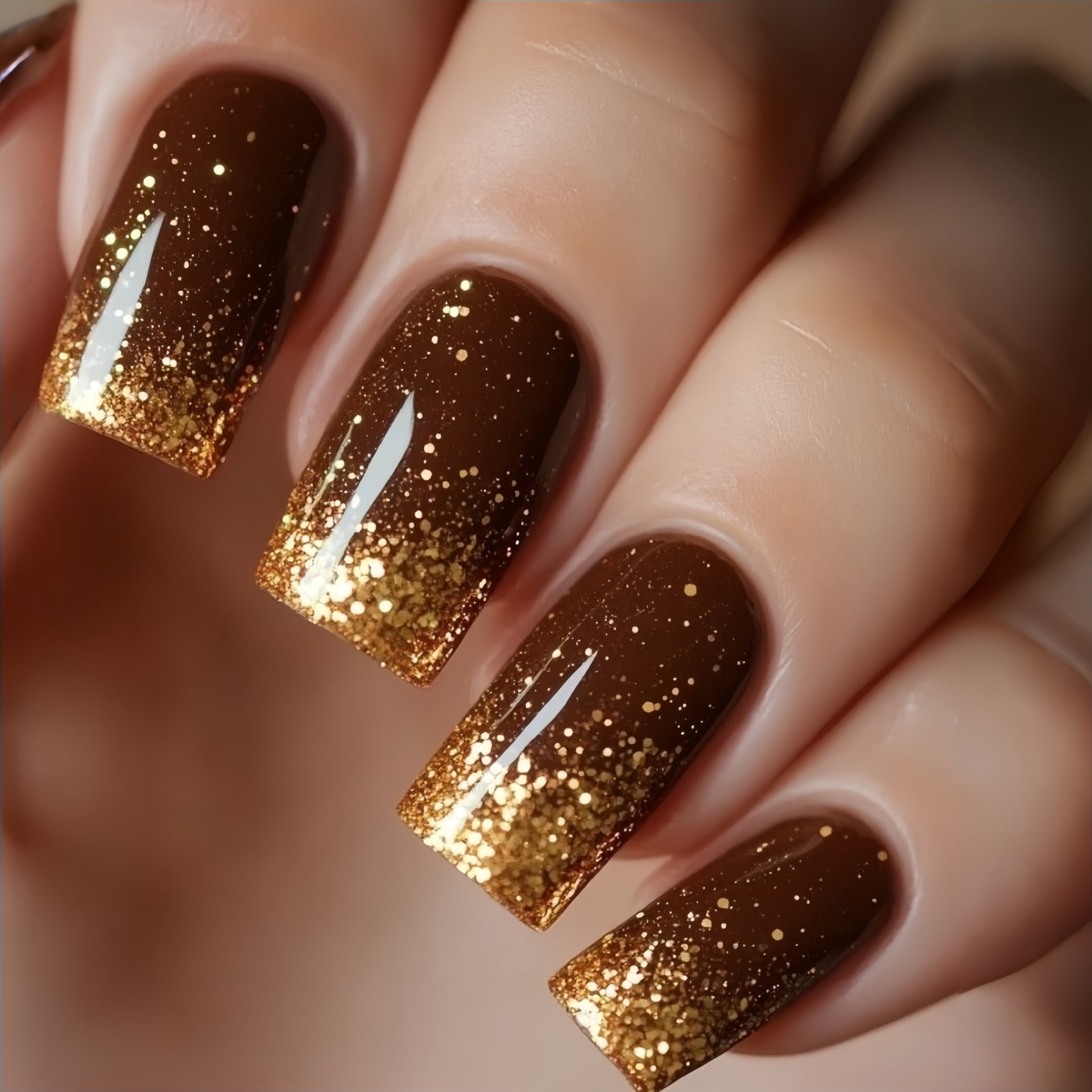 短いミディアムサイズの付け爪 グラデーションブラウンレッドブ - Nail Art Gliter のレビューと価格