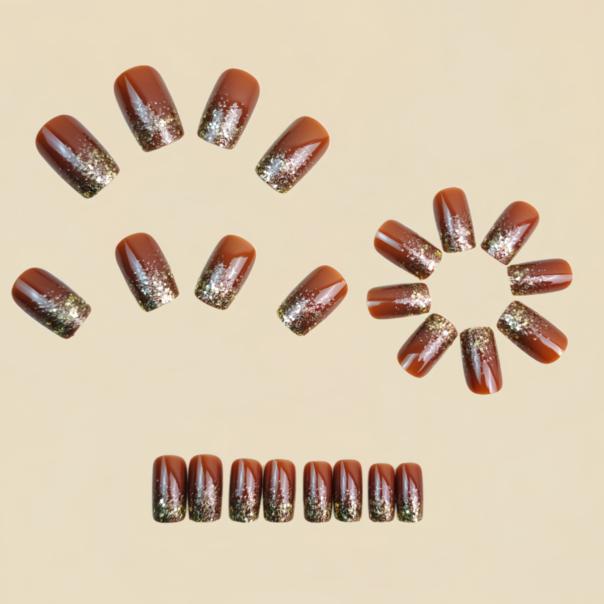 短いミディアムサイズの付け爪 グラデーションブラウンレッドブ - Nail Art Gliter のレビューと価格