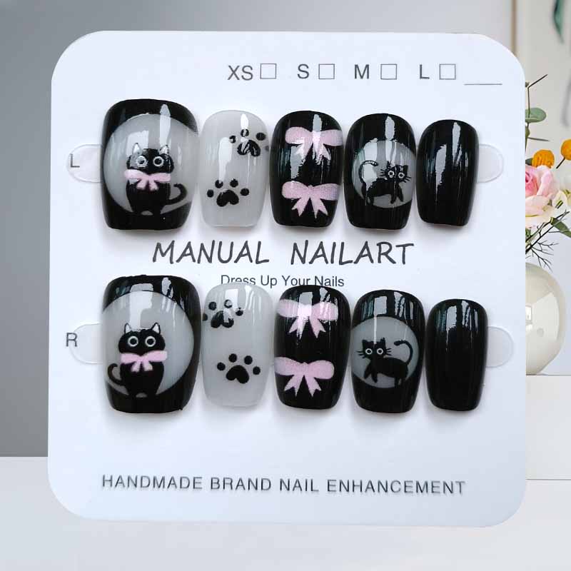 10枚入り 可愛い漫画 黒猫とピンクの蝶結び ハンドメイド  - Nail Art Cat Eye のレビューと価格